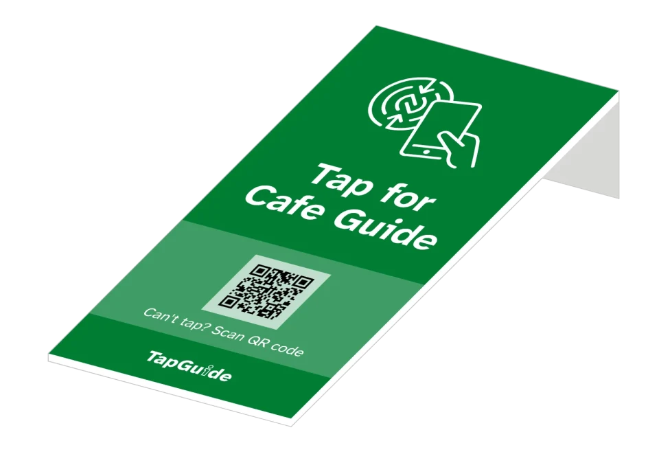 Illustration of an NFC-enabled TapGuide card on a café counter for visitors.