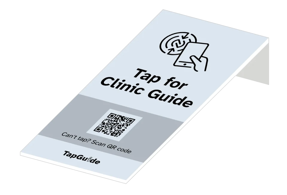 Illustration of an NFC-enabled TapGuide card at a medical clinic reception.