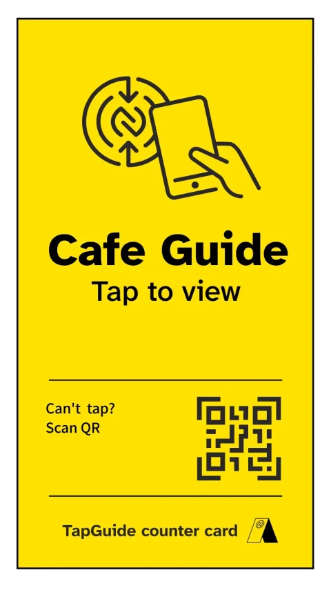 TapGuide counter card in English for café visitors